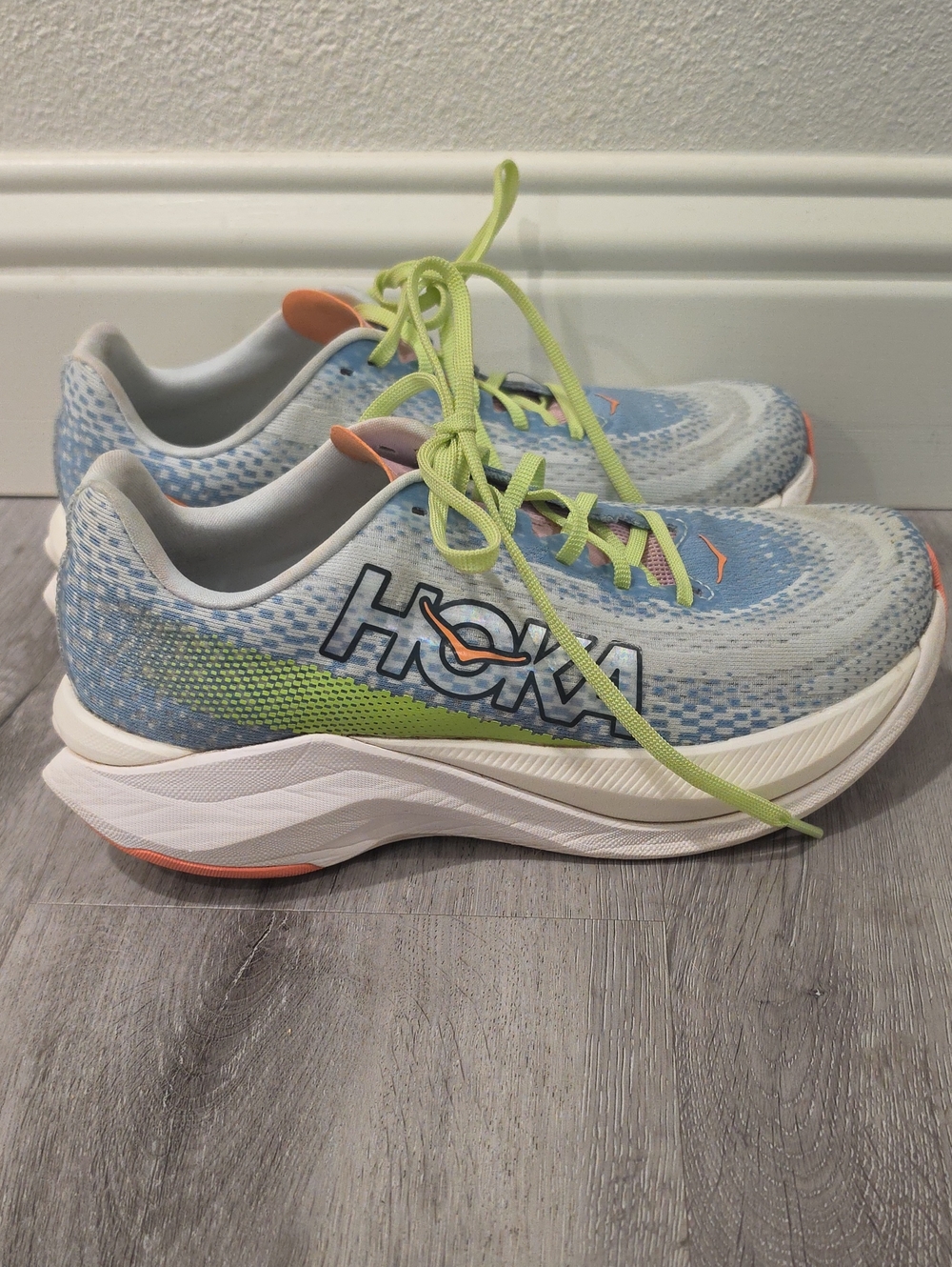 Hoka Mach X Blue, Lime, & Coral Accents, Size 8.5